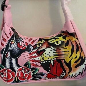 Ed Hardy Pink Shoulder Bag with Tiger and Panther Design